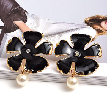 Flower-Shaped Metal Oiled Dangle Drop Earrings - SunsetFashionLA